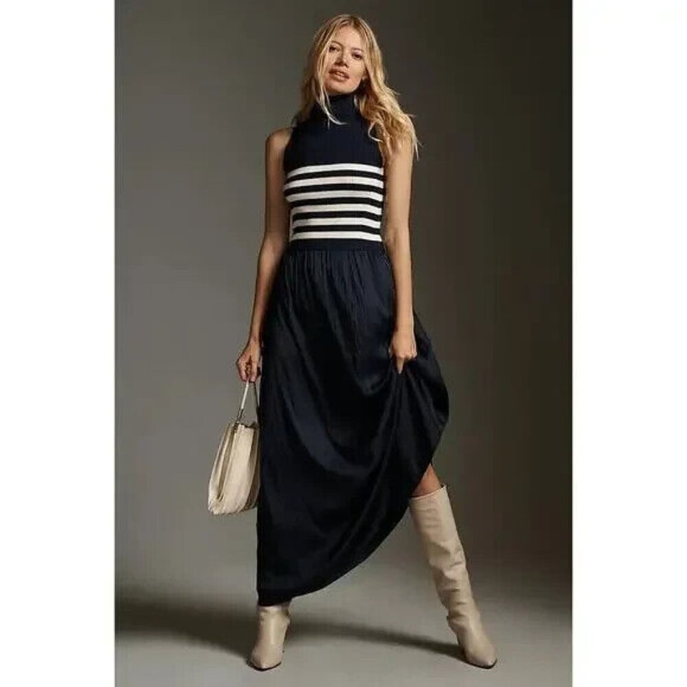 Anthropologie Thea Twofer Sweater Maxi Dress Size Small Navy Blue Striped